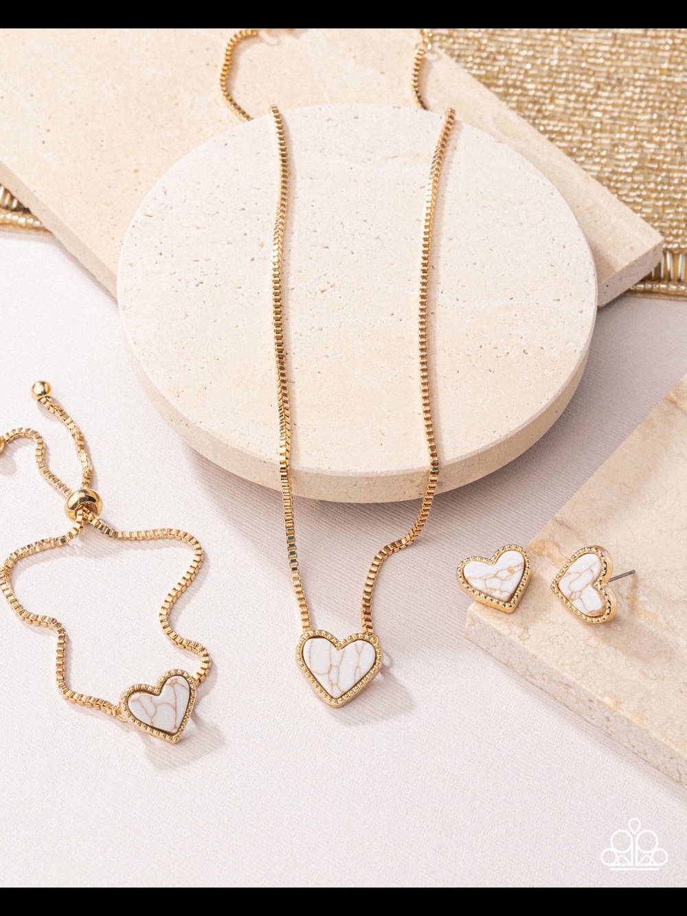 paparazzi Gold-Tone Heart Necklace, Bracelet & Stud Earring Set with White Inlay